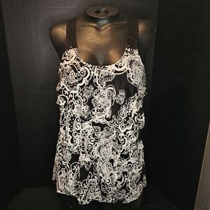 NWT Candie's Black White Paisley Crochet Back Ruffle Tank
